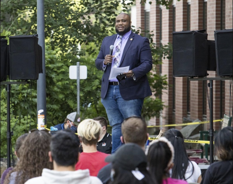 Andre Dickerson speaks during the CWU Teach-In Black Lives Matter Event