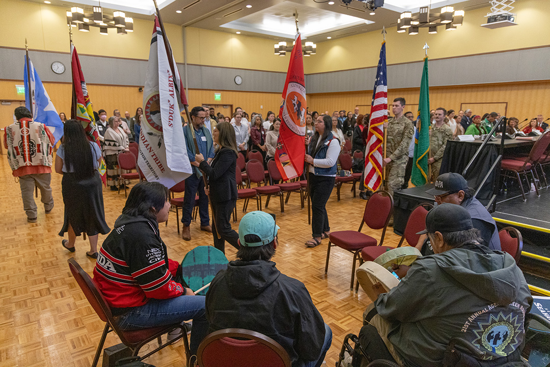 Tribal Leaders panelists posted and retired their ceremonial flags during the April 27 event in the SURC Ballroom.