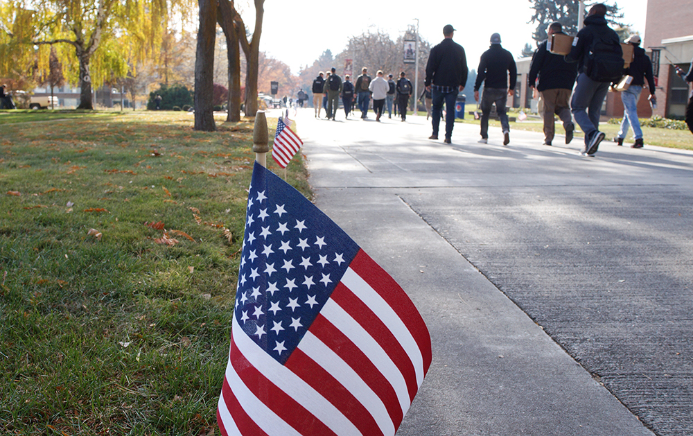 A flag appears on the Walnut Mall during RED Week 2021. The CWU Veterans Center will host a series of events next week in honor of Veterans Day.