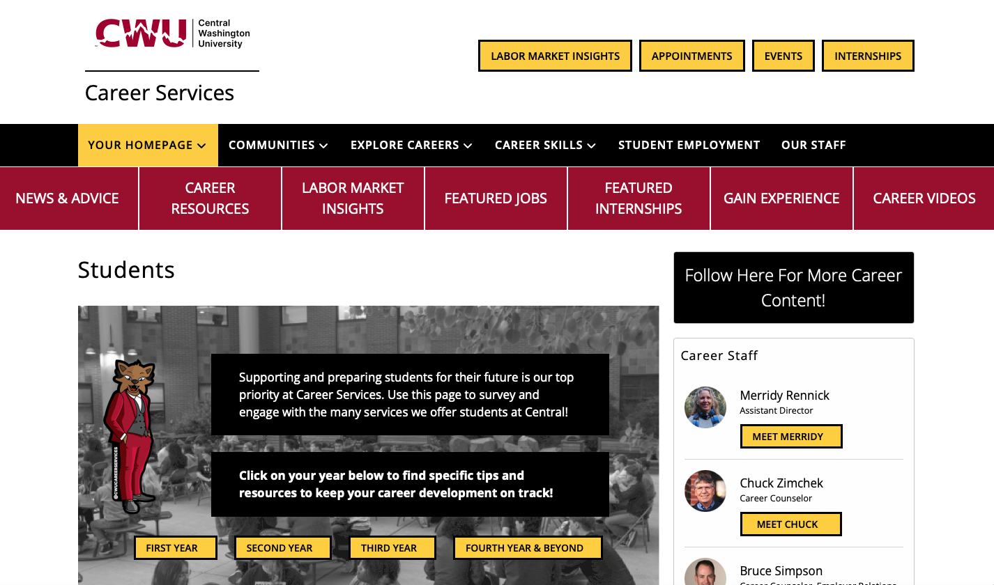 Screenshot of Career Services homepage