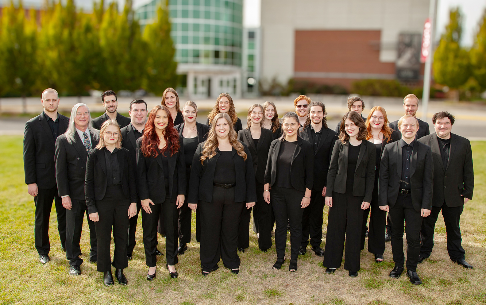 Vocal Jazz 1 group outside the McIntyre Music Building