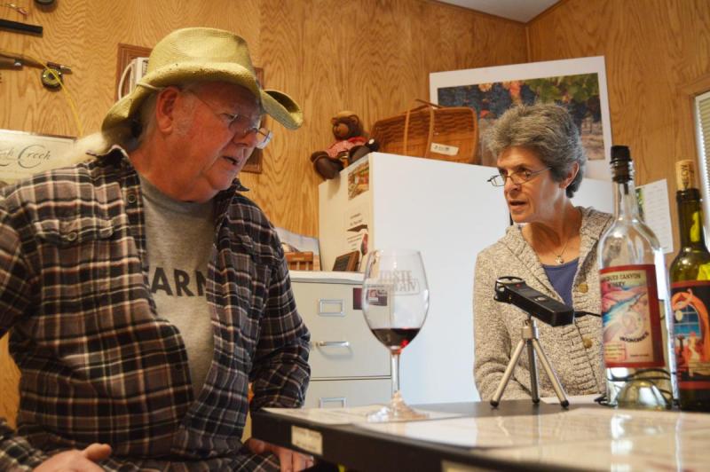 Lines of Wines host and CWU Professor Marji Morgan talks to Ellensburg Canyon Winery owner Gary Cox during an episode of her podcast. The show recently celebrated its 100th episode.
