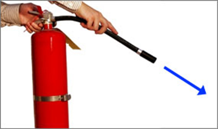 Fire extinguisher and arrow indicating to aim at the base of the fire. 