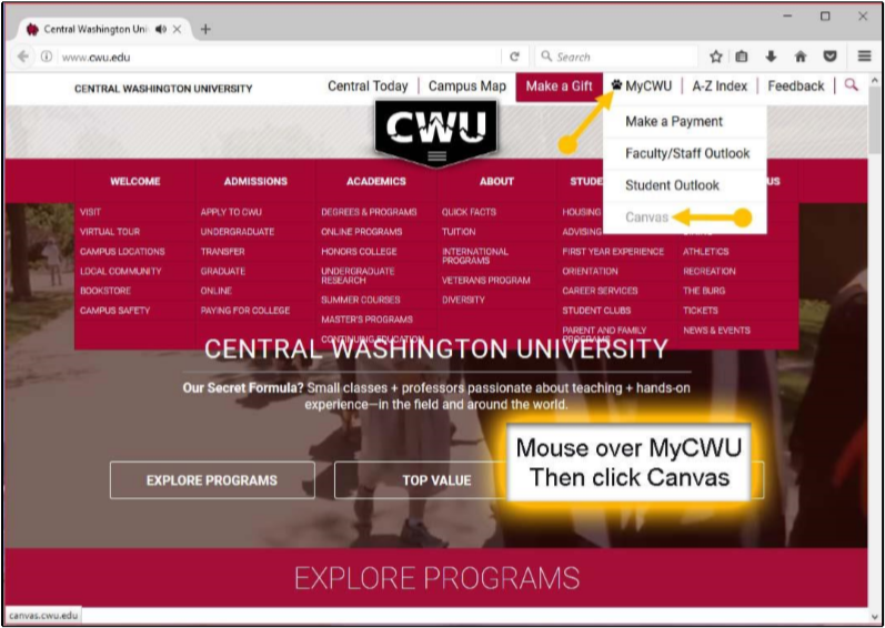 Drag your mouse over MyCWU and click canvas.