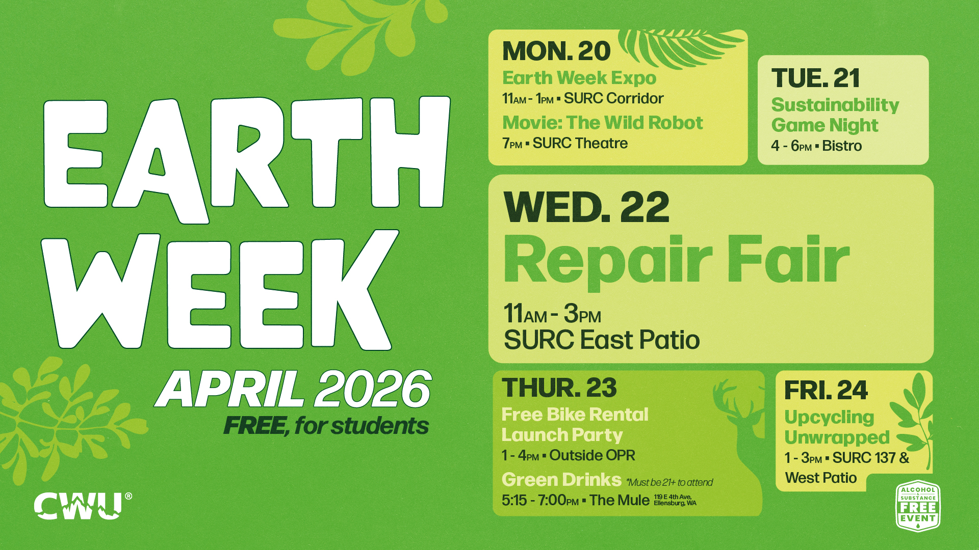 Depicts the schedule of earth week events also available in the accordion