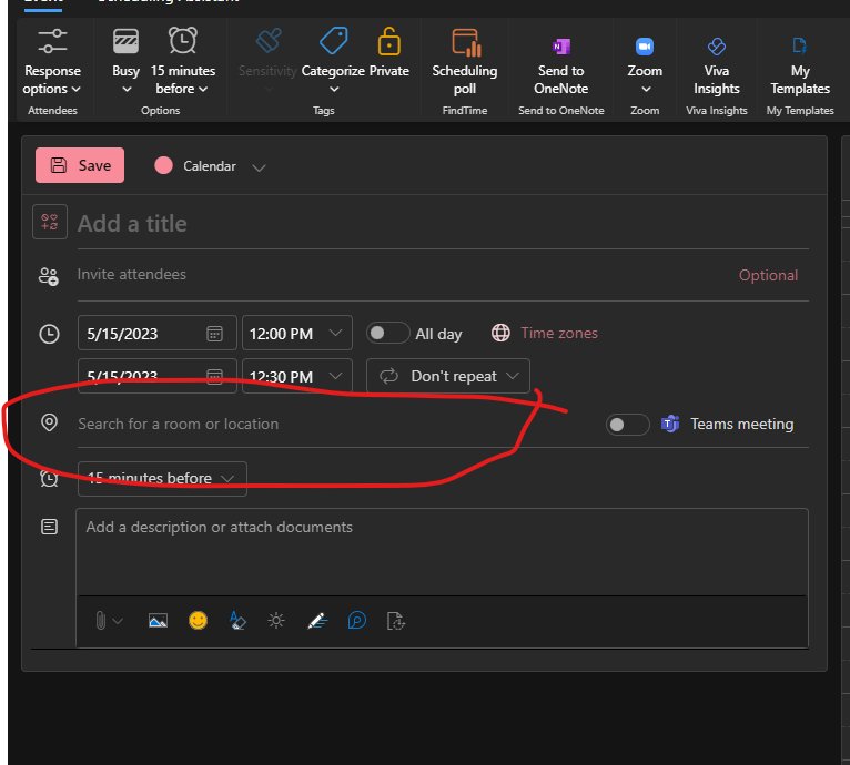 Underneath the dates and times, text that reads "Search for a room or location" is circled in red pen.