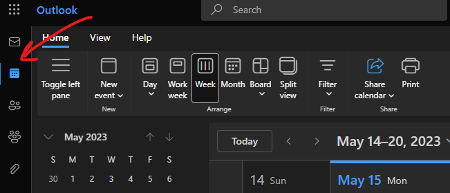 Outlook webpage. There are icons on the left and a red arrow is pointing to an icon that is of a calendar.