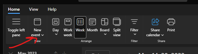 A screen with options to select from in the home tab which is open. There is a red arrow pointing to "New event"
