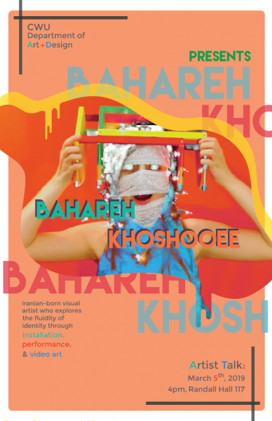 Informational image for the Bahareh Khoshooee Artist Talk. March 5th, 2019 at 4 pm in Randall Hall 117. Image includes a person with a face covering holding a colorful wooden head covering.