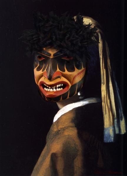 image of the Girl with the Pearl Earring painting but the subject is wearing a painted war mask. 