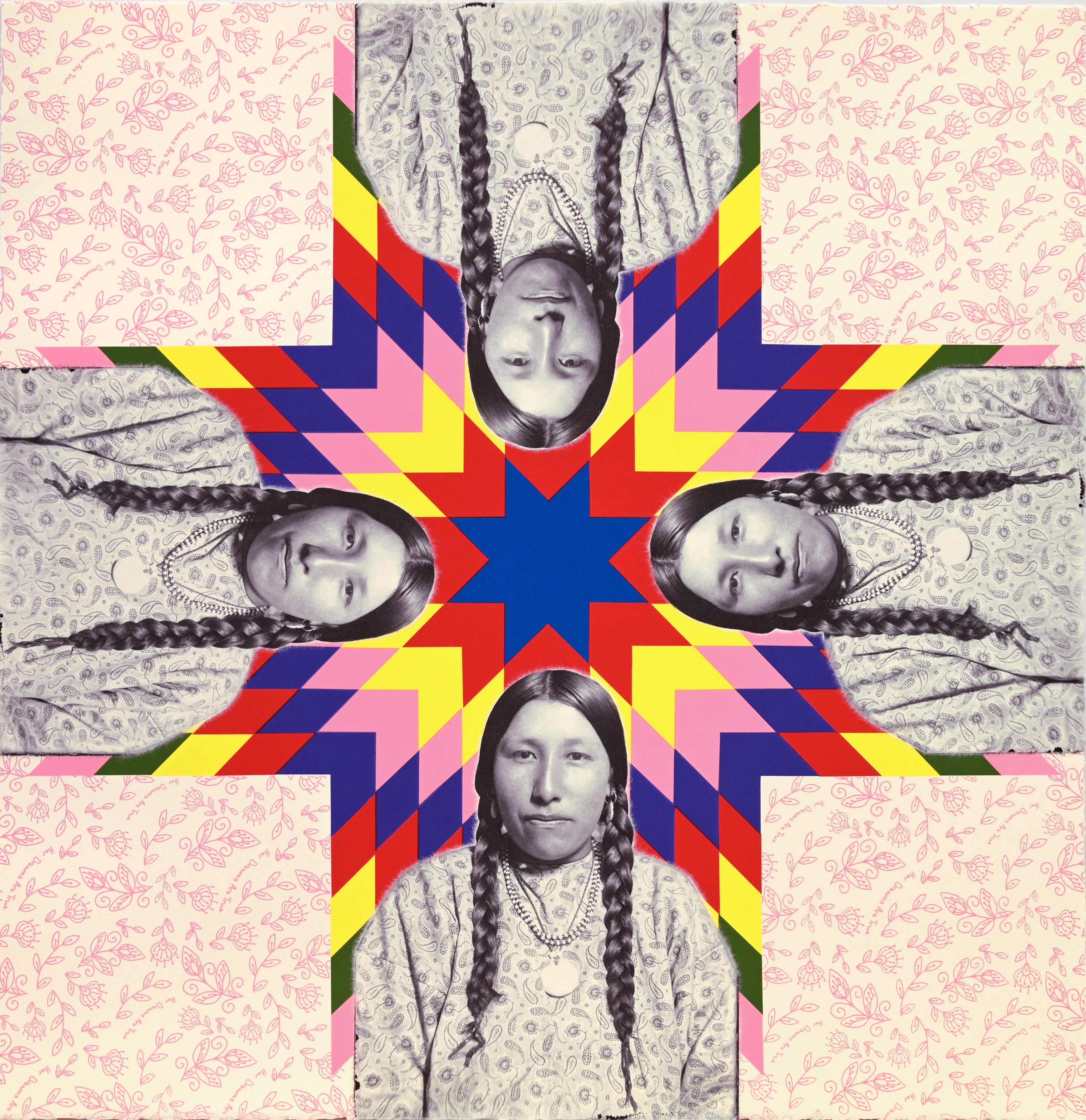 Repeated images of a Native American woman in a quilt pattern.
