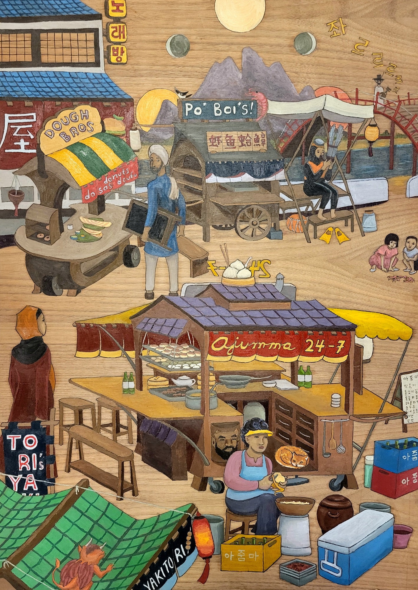 Whimsical image of Korean market scene with fantasy elements.