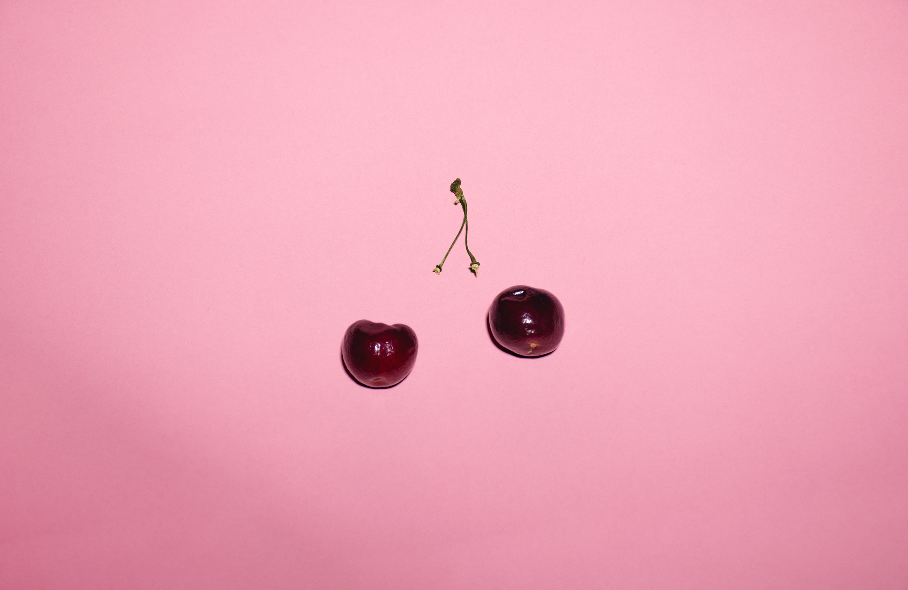 Image of two cherries and their removed stems on a bright pink background.