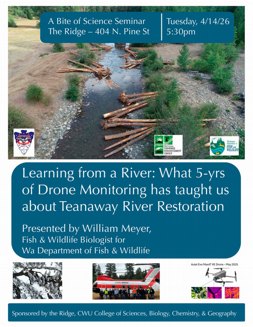 Bite of Science poster includes info on the date and time and a photo of cut logs laid out along the banks of a river and extending into the river.
