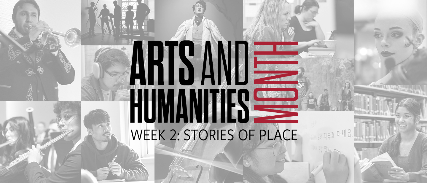 Text says Arts & Humanities Month with collage of students in background