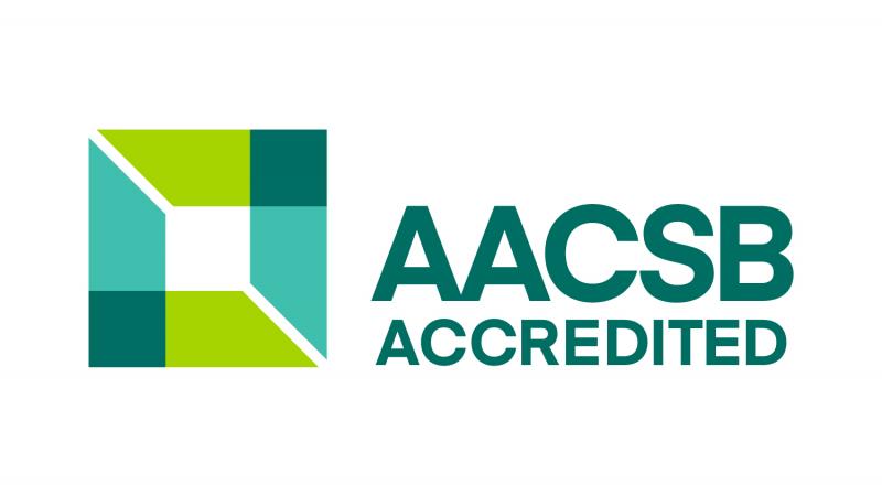 Association to Advance Collegiate Schools of Business (AACSB) logo. Green and blue square with AACSB Accredited written to the right of the square.