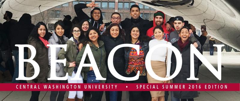 Voyage magazine cover with several students standing in front of monument.