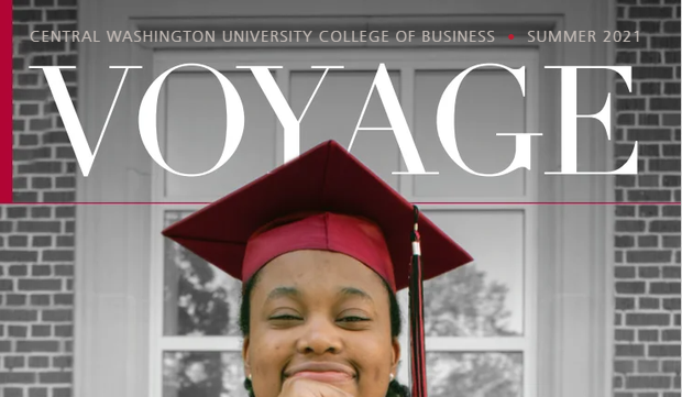 Voyage magazine cover with young women in graduation attire.