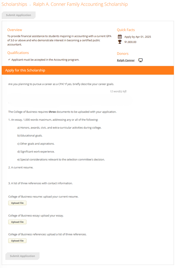 Example of scholarship a student can apply to