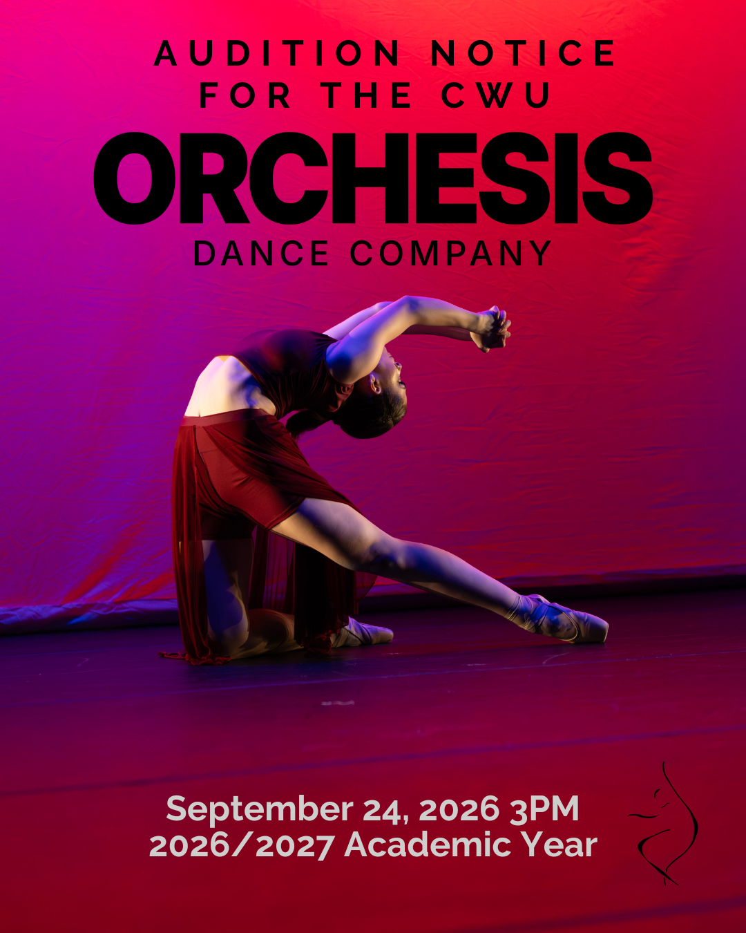 dancer in maroon crop tank and skirt, sitting on floor with one leg extended behind them, arching back