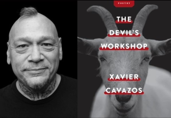 Black and white headshot of Xavier Cavazos and his book cover of The Devil's Workshop, featuring a black & white goat and red underlining