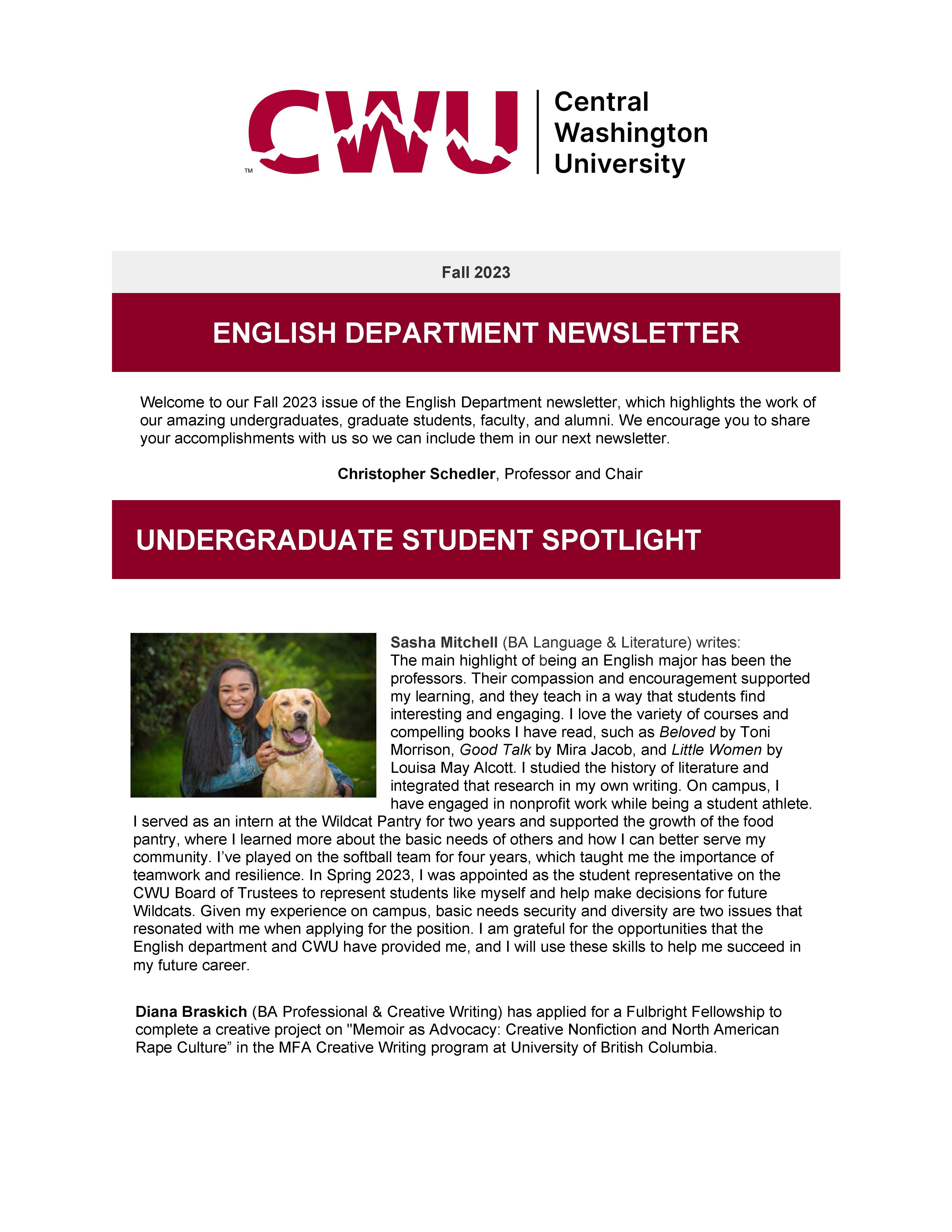 First page of Fall 2023 English Newsletter