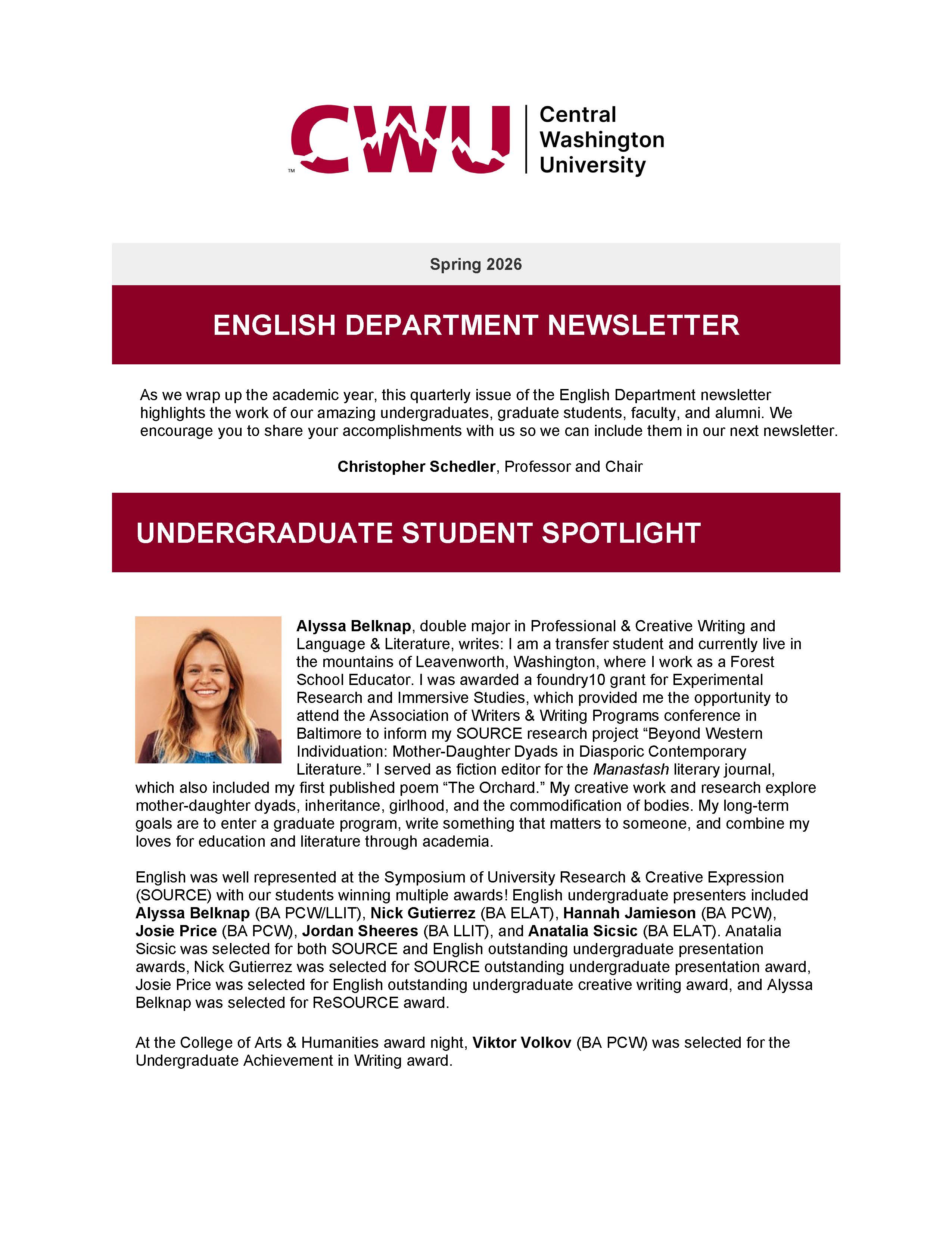 First page of English Newsletter Spring 2026
