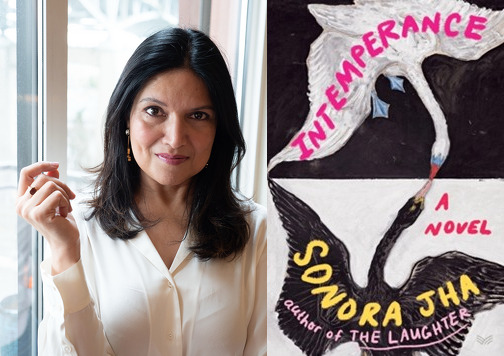 Portrait of Sonora Jha in a cream linen blouse in front of a glass window, staring straight into the camera with dark hair framing her face. To her left her book cover is portrayed
