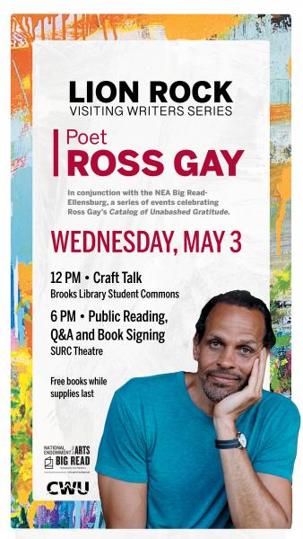 Poster introducing Ross Gay's events