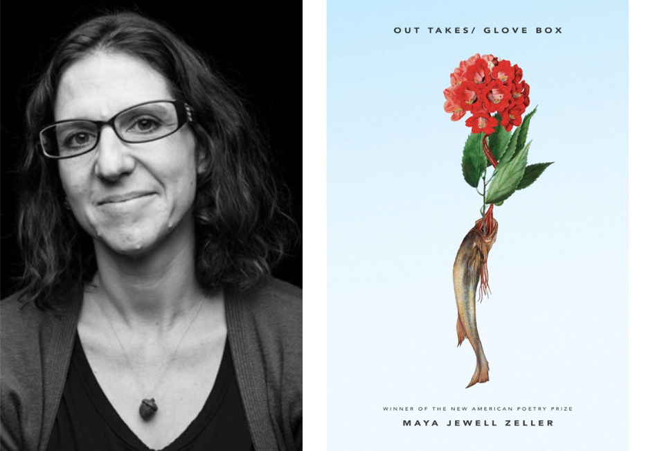 Maya Jewell Zeller black and white headshot and cover of book Out Takes/ Glove Box