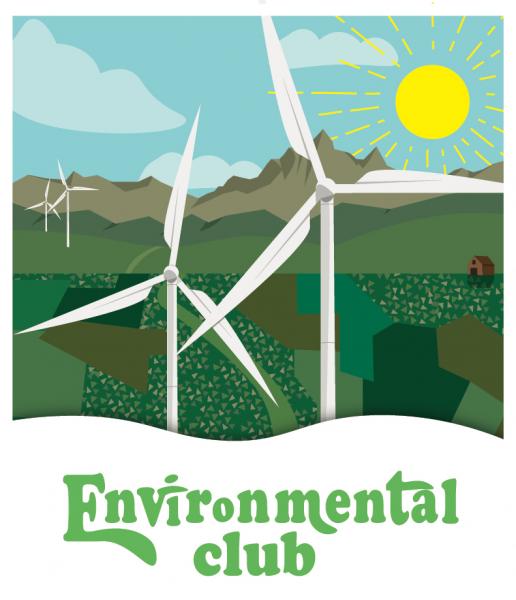 CWU Environmental Club Logo shows graphic of two white wind turbines in green field with gray mountains and a blue sky and sun in background. 