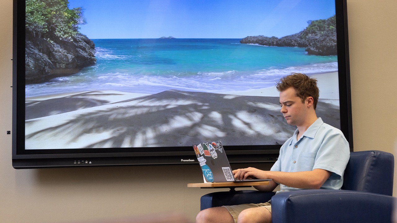 Student typing on a laptop in front a beach scene on a screen.