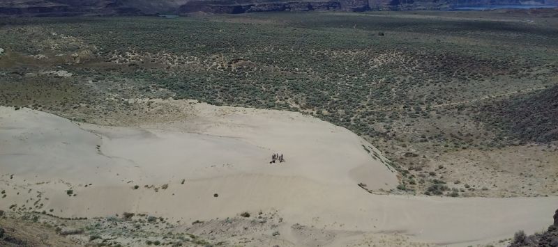 Students in the distance standing on a sand dune at Frenchman Coulee