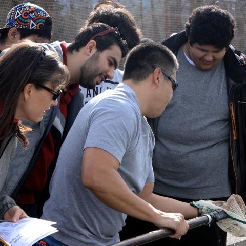Students crowded around a fish net