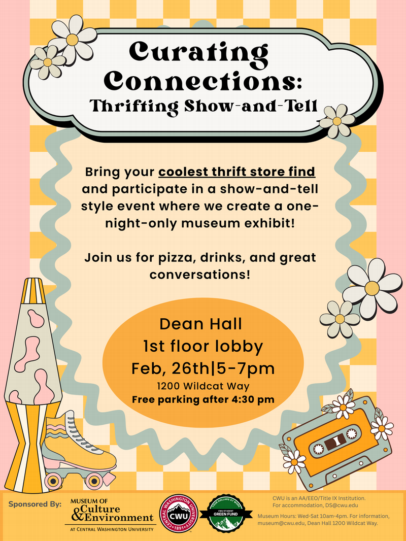 Pink and yellow poster with event information featuring clip art 1970s style items including roller skates and a lava lamp