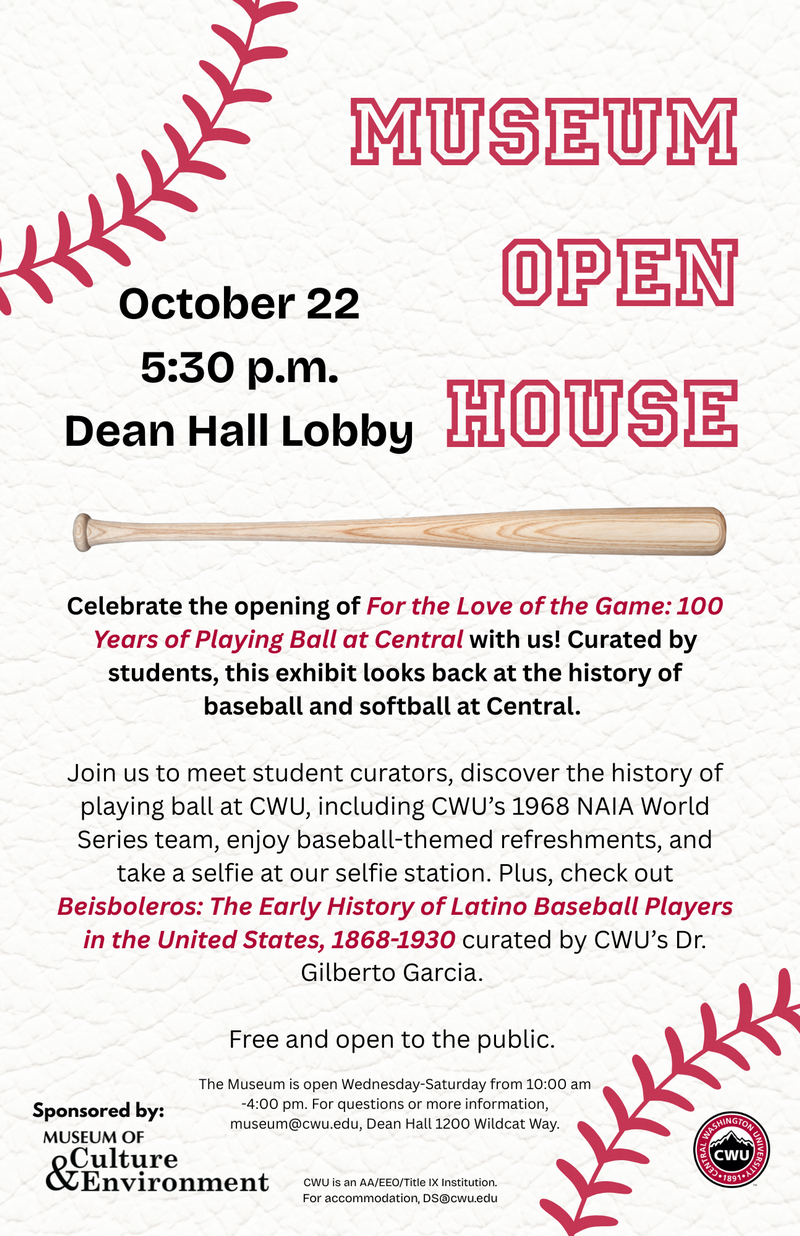 Flyer featuring informational text on a white background, with red baseball stitching at two opposite corners and a baseball bat horizontally in the middle.