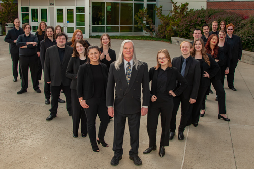 Vocal jazz one in front of music building.