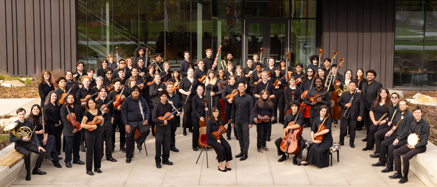 Black and White formal attire image of the CWU Symphony Orchestra on our concert hall stage.