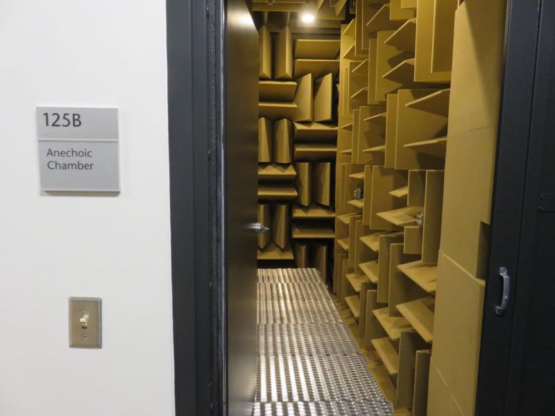 A through the door into the anechoic chamber - yellow foam wedges line the walls and cieling while a metal grate covers the floor.