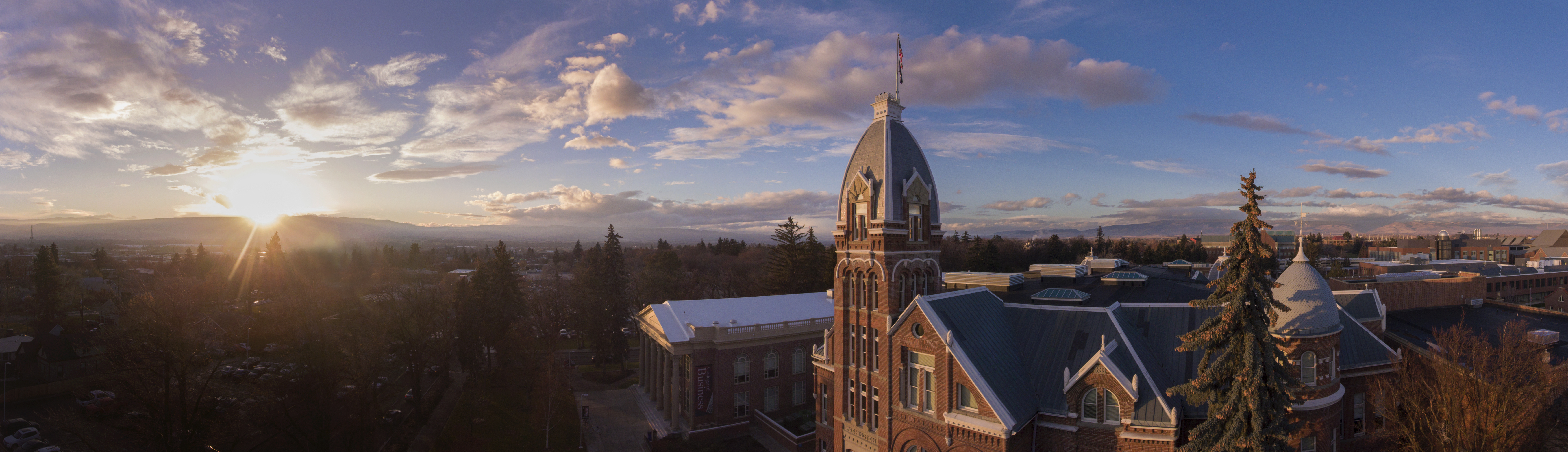 Aerial view of Barge hall on a sunny day.