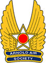 Arnold air society Patrick Welch Squadron badge. Gold outline of a star with a red circle inside of it. With gold wings, and 2 blue bars underneath with the text "Arnold Air Society" inside the blue bars