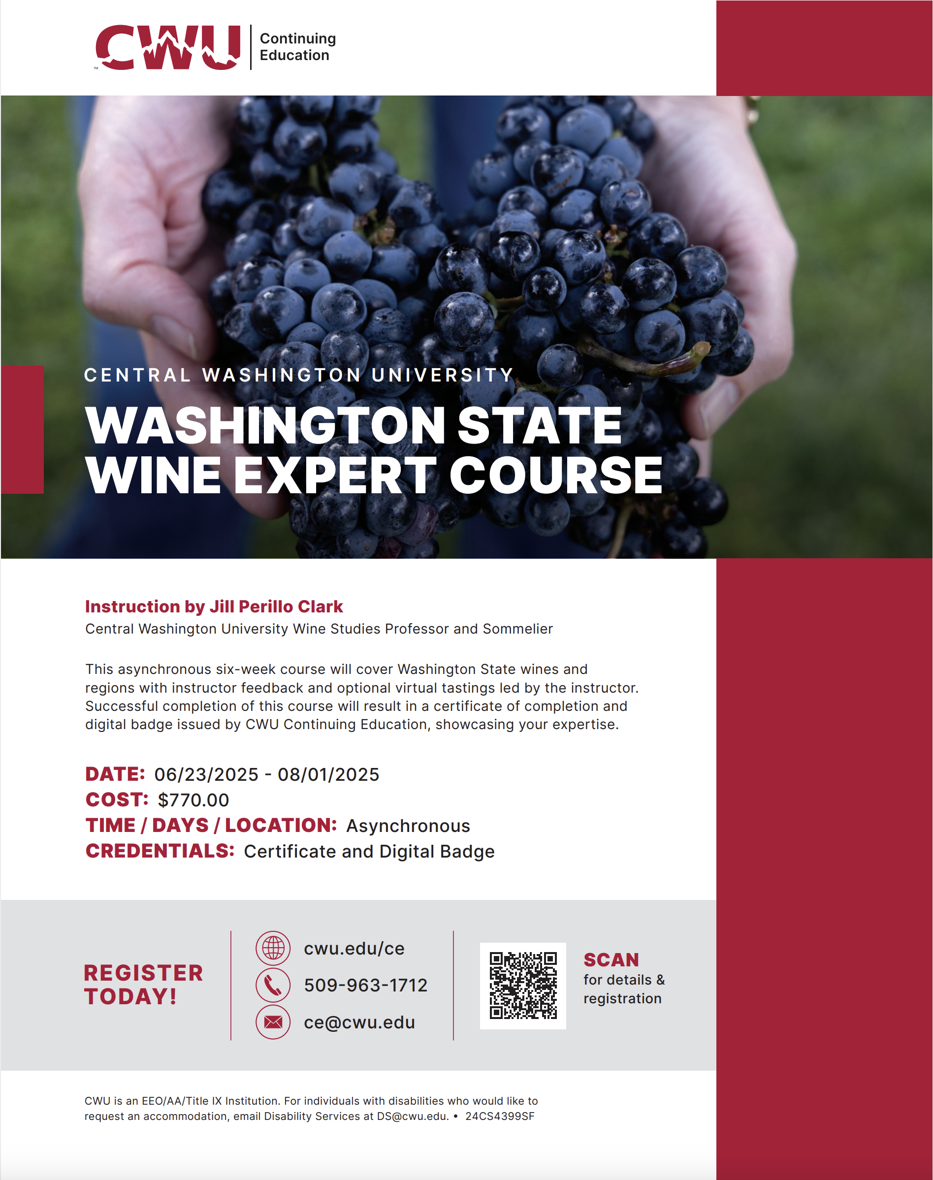 Wine course flyer with image of wine grapes containing the same information listed below