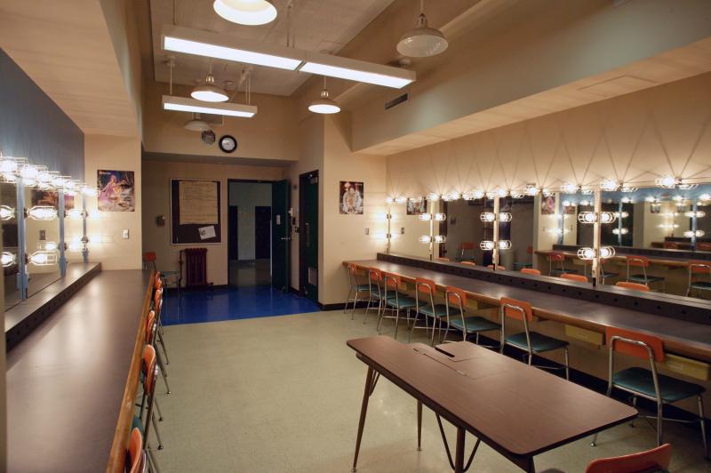 A dressing room. There are mirrors with lights around them.