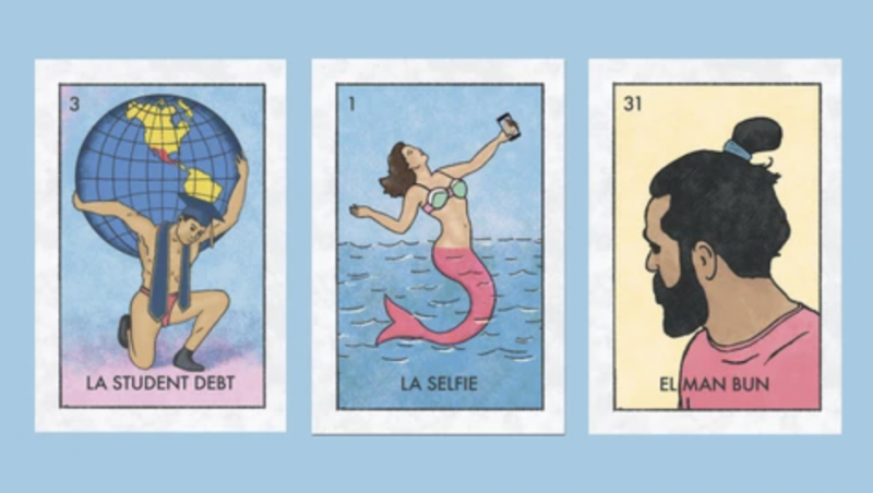 Decorative Cards with Jokes on Them. One card says "la student debt" the next one says "la selfie" and the last one says "elman bun".