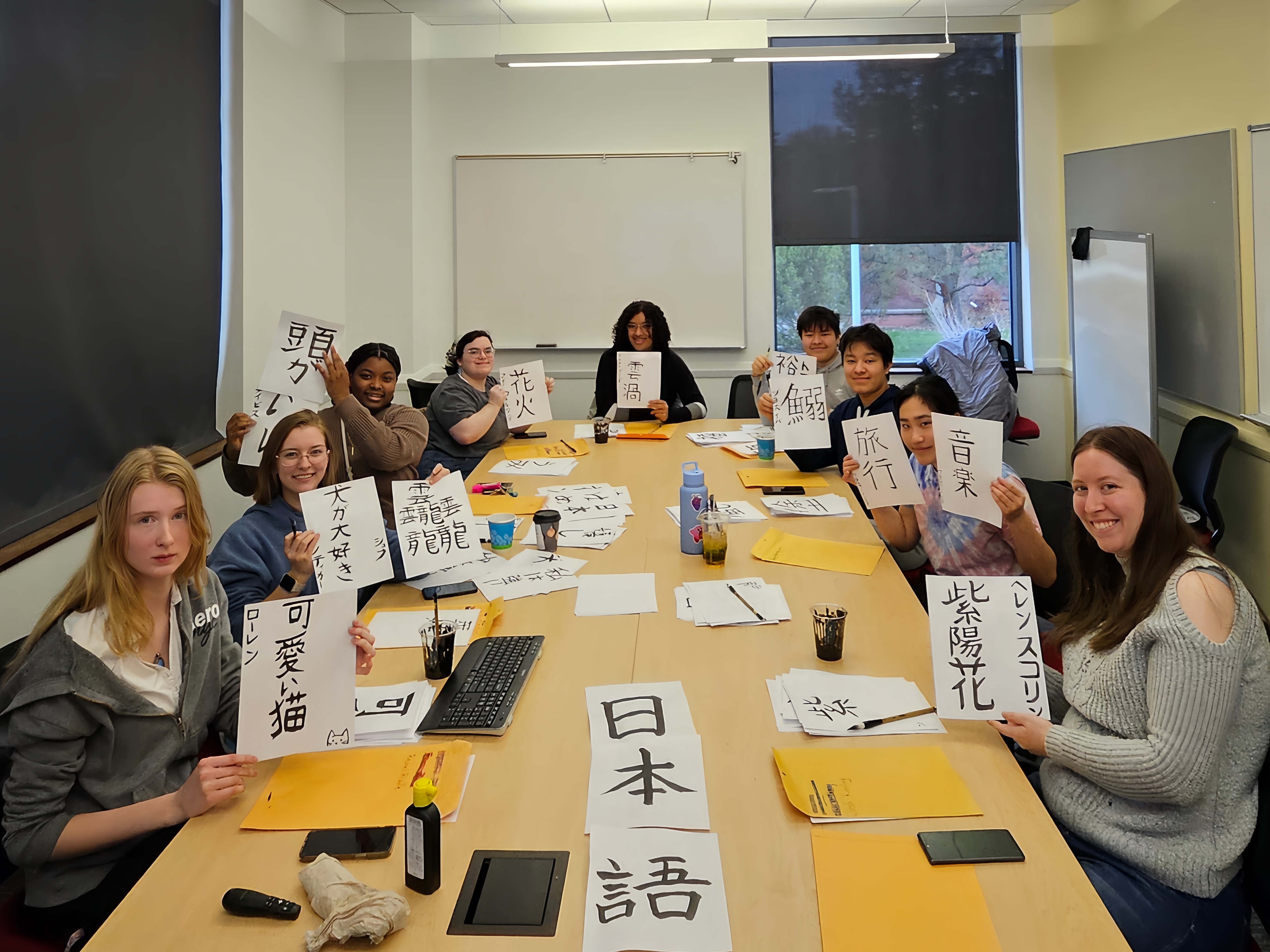 Japanese student practice calligraphy