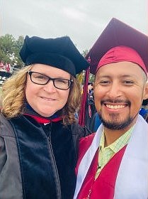 Dr. Petrites with Ivan Alfaro, the first Deaf graduate with Deaf and Sign Language Studies Degree at CWU. Photo courtesy of Columbia Basin Herald: https://columbiabasinherald.com/news/2023/aug/16/cwu-deaf-and-sign-language-studies-celebrates-firs/ 