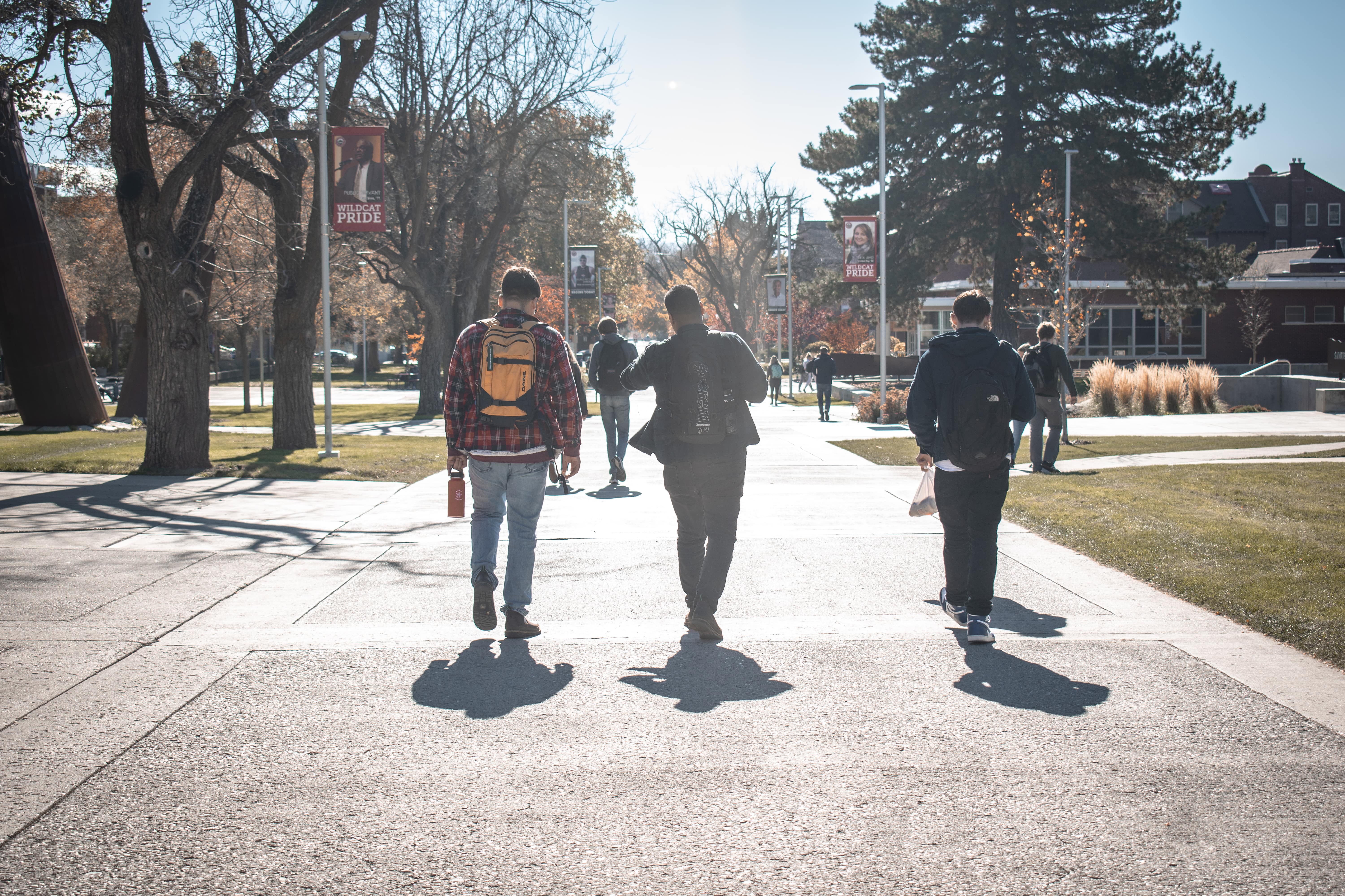 Three students walking down the campus mall on a sunny day