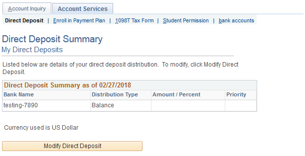 The Direct Deposit Summary page that shows a list of linked bank accounts. At the bottom of the screen there is a button that says "Modify Direct Deposit".