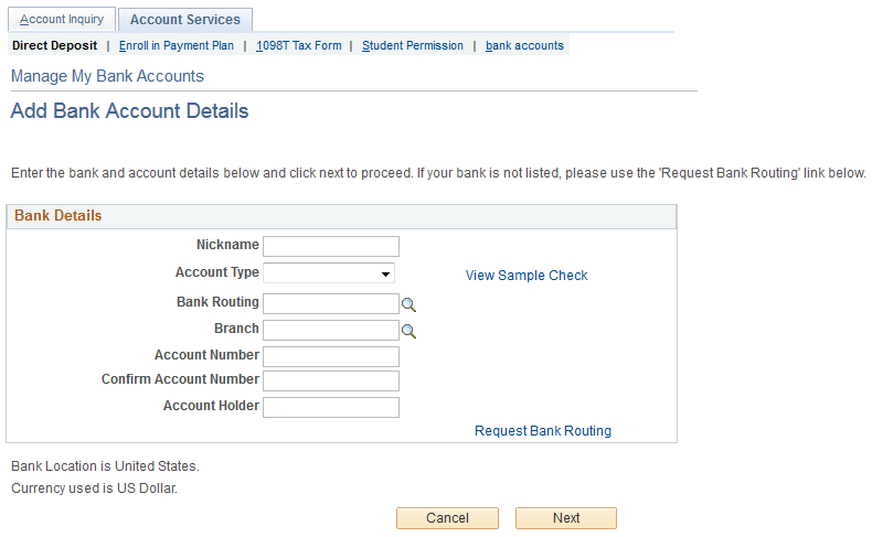 A screen that says "Add Bank Account Details". There is a list of Bank Details to fill out including Nickname, Account Type, Bank Routing, Branch, Account Number, Confirm Account Number, and Account Holder.