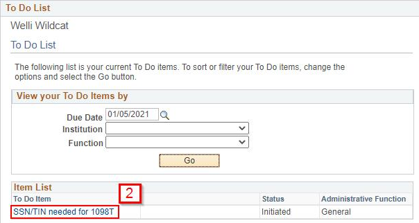 The student's to do list in MyCWU is shown. An item on the list, called "SSN/TIN needed for 1098T" is highlighted in red.